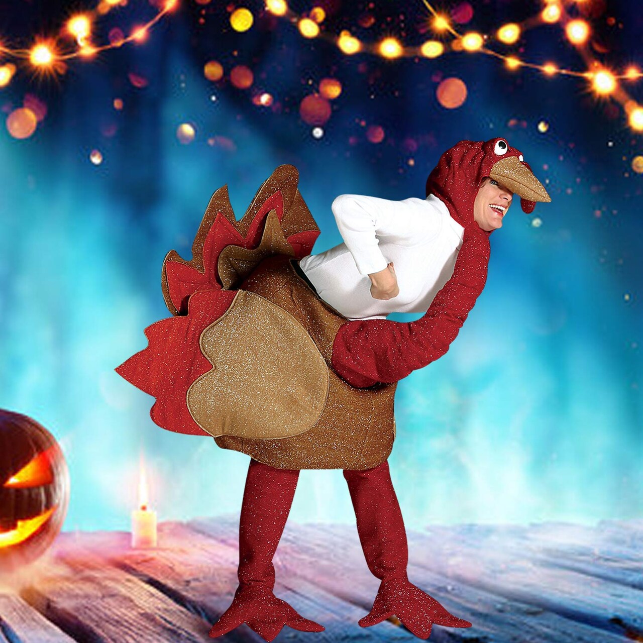 Adult Turkey Costume Colorful Outfit with Turkey Headpiece and Long Neck Wattle